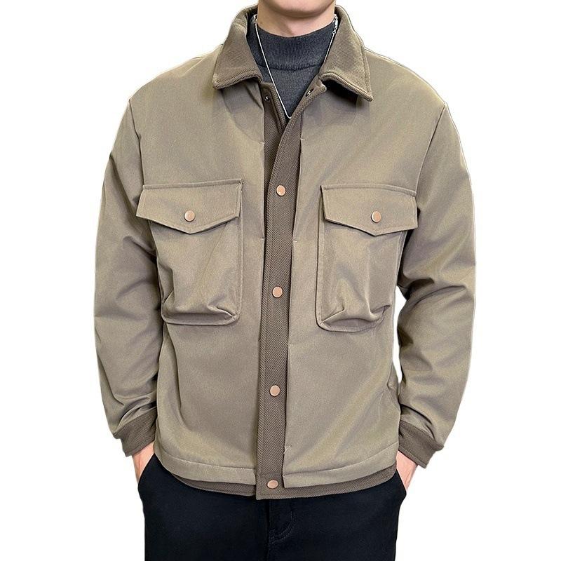 

Black Lapel Jacket Tooling Men s Spring and Autumn Solid Color Coat Top Versatile Loose Simple Casual M коричневый