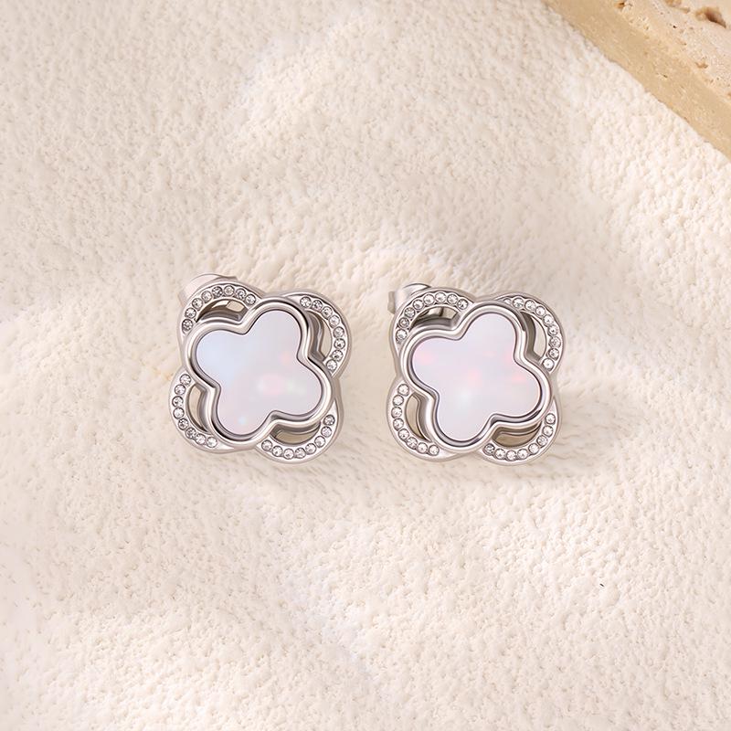 Exquisite Double-Layer Four-Leaf Clover Shell Titanium Steel Stud Earrings - Women's Non-Fading Jewelry