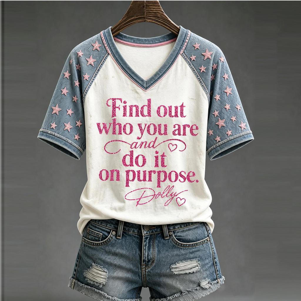 Women's Casual V-Neck Letter Print Short Sleeve Top