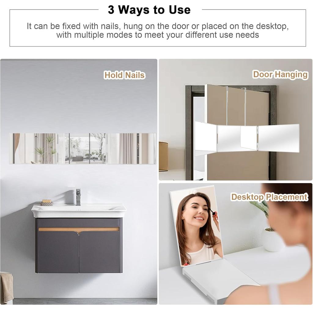 Portable Trifold Vanity Cosmetic Mirror with Height Adjustable Hooks for Self Hair Cutting Makeup Folding for Bath and Travel