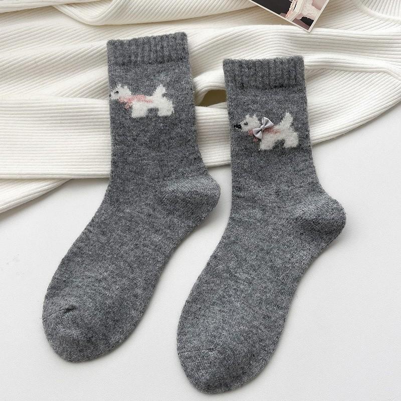 Female Cartoon Puppy Socks with Bow, Grey Mid-calf Socks, Versatile for Winter, Thick Woolen Warm Stockings