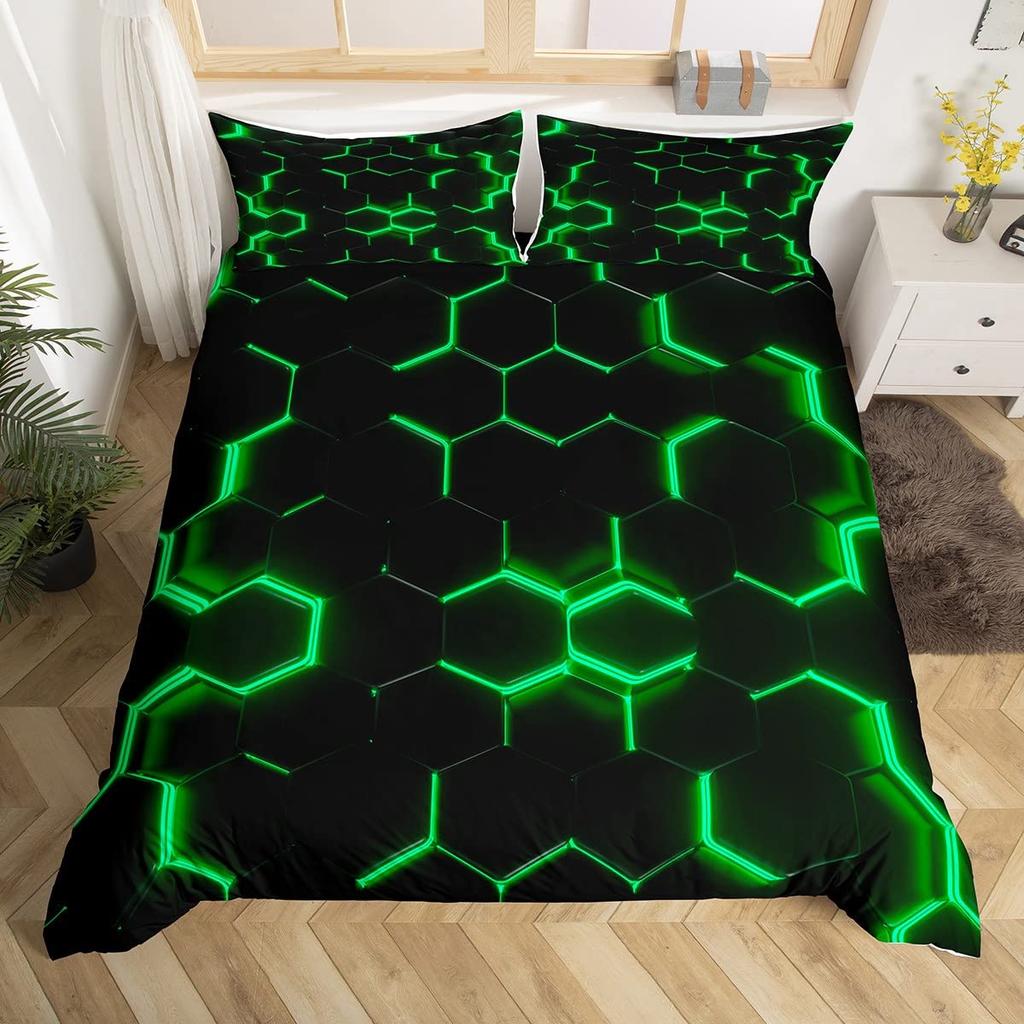 3D Geometrická sada povlaku na přikrývku velikosti Full, Geometrické ložní prádlo Včelí plástev Šestiúhelník S růžovými modrými neonovými světly Sada povlaku na přikrývku