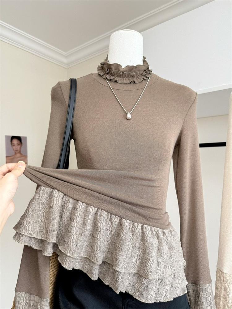 Women's Winter 2025 Solid Color Lace Collar Double-Layer Long-Sleeve Top