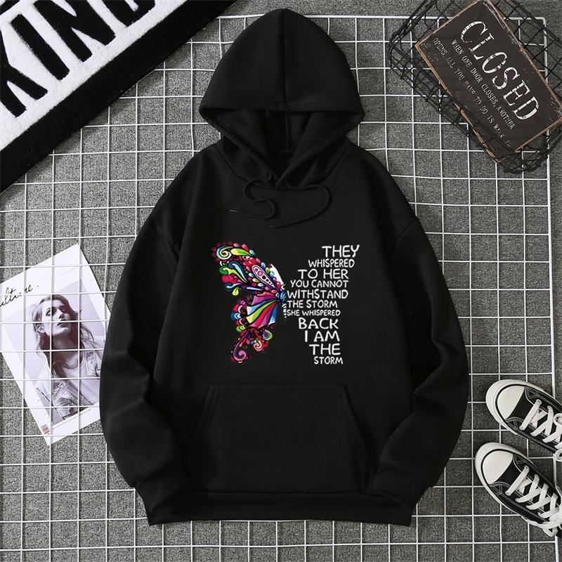 Rose Butterfly Impossible Letter Graphic Print Women Sweatshirt Fashion Warm Hooded Loose Casual Hoodies Fleece Soft Clothing