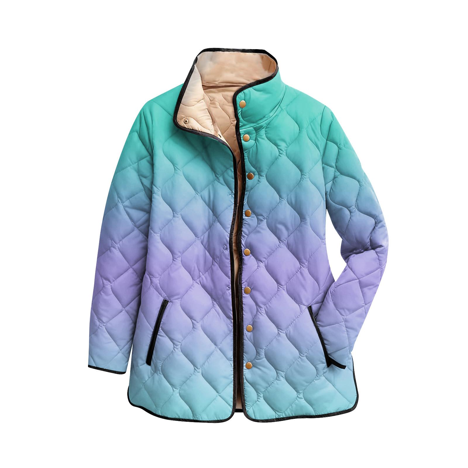 

Ladies Gradient Printed Stand Up Collar Pleated Cotton Long Sleeved Buttoned Cotton Jacket L синій