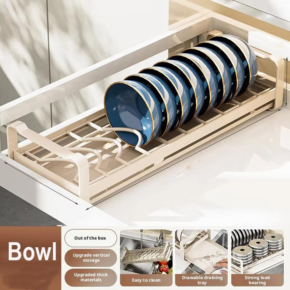 

Space Saving Pull Out Dish Rack Carbon Steel Kitchen Drawer Rack Dish Storage Rack Household Use Cream Bowl