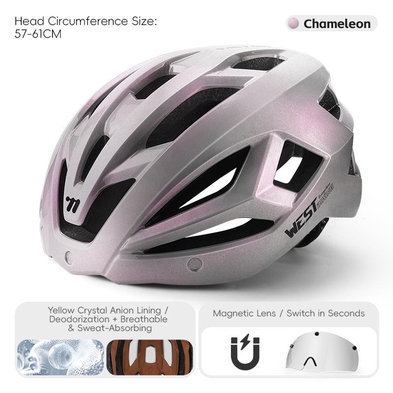 WEST BIKING Magnetic Goggle Bike Helmet Adults Integrated Visor Safety Cap Fit 57-61cm Lightweight Breathable Bicycle Helmets