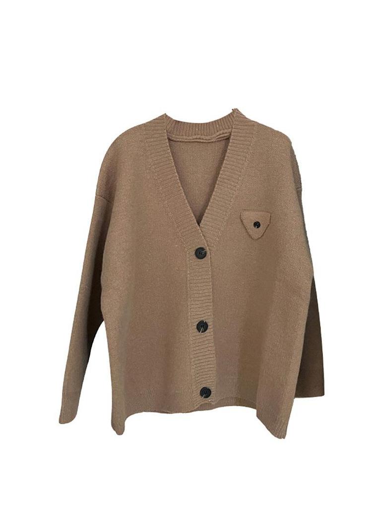 Korean Grey V-Neck Knit Cardigan - Women's Soft, Fluffy Outerwear for Spring and Autumn