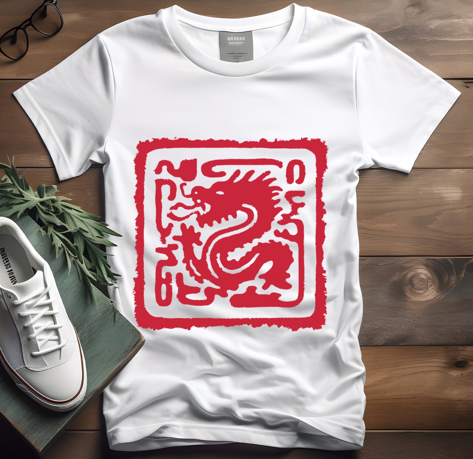 Red Chinese Dragon Stamp T-Shirt | Asian Inspired Graphic Tee M