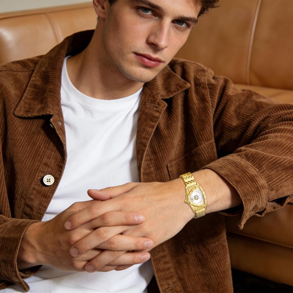 Triangle Novelty Roman Analog Stainless Antique Finish Accessory Perfect Gift for Day Men's Watch, Design, Waterproof Numerals, Display, Calendar,