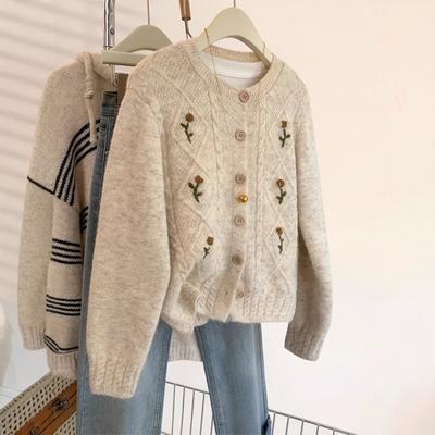 Embroidered Raccoon Velvet Sweater Jacket for Women Autumn and Winter Thickened Loose Knitted Cardigan Top