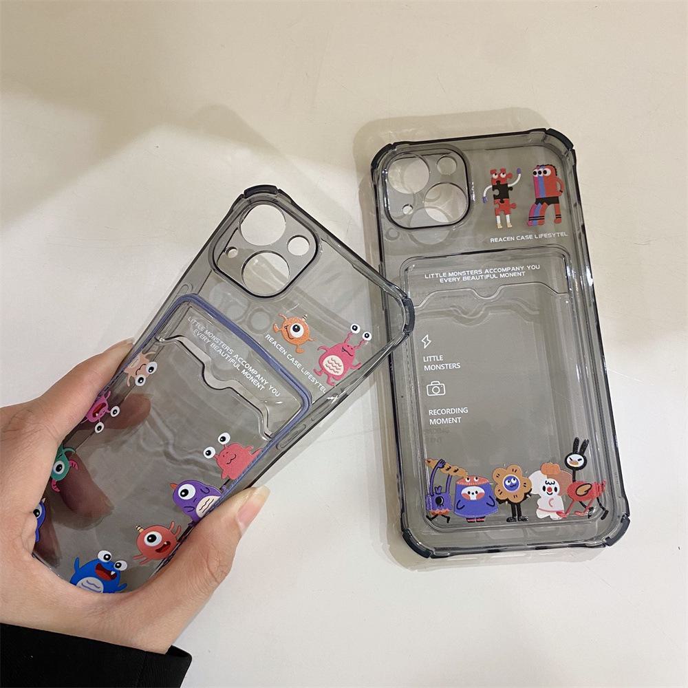 One-eyed Monster Card Insert Transparent Gray Phone Case for iPhone 13/14/15, Suitable for XR, 11/12 Pro, XS Max. Ideal for Women.