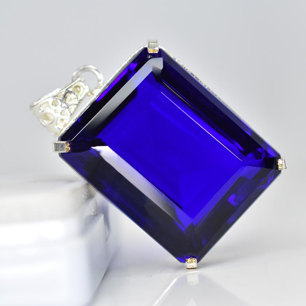 Lab Created 161 Ct CERTIFIED Emerald 925 Sterling Silver Blue Sapphire Pendant MY-PD-143-NS