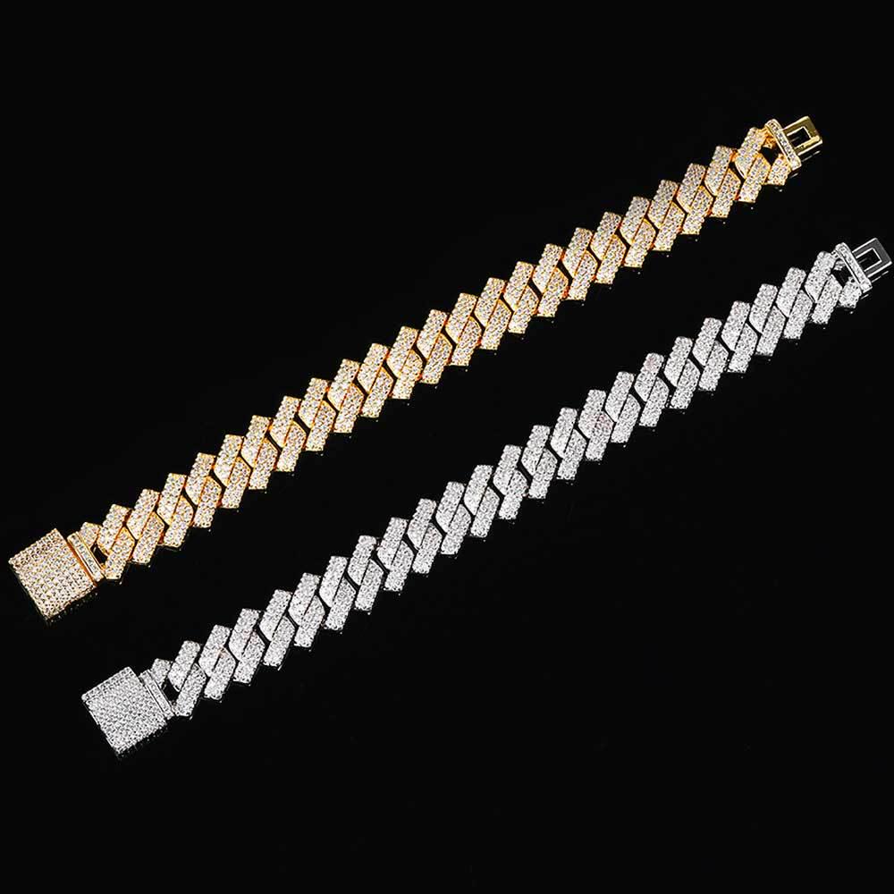 14mm Diamantový kubánský řetízek Zirkonový náramek: Evropský a americký hip-hopový styl, trendy pánský barový náramek