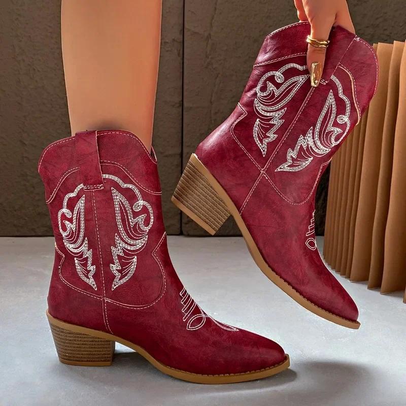 Fashion Women's Spring and Autumn New Pointed Toe Embroidered Sleeve Square Heel Mid-Tube Knight Boots Plus Size Western Short Botas