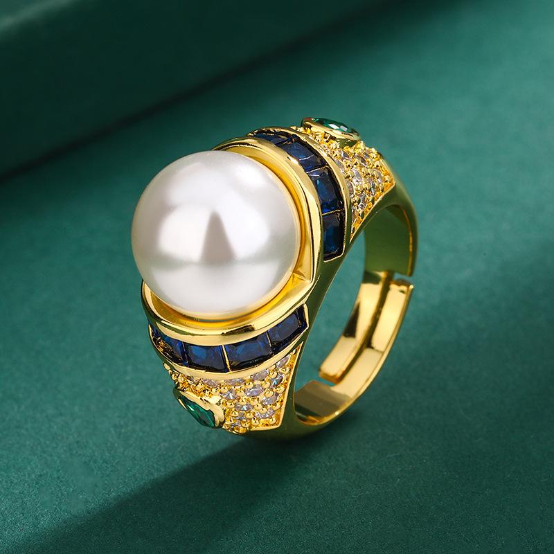 Hua Youmei Gold Plated Luxury Pearl Finger Ring Enamel Zircon Tahitian Grey