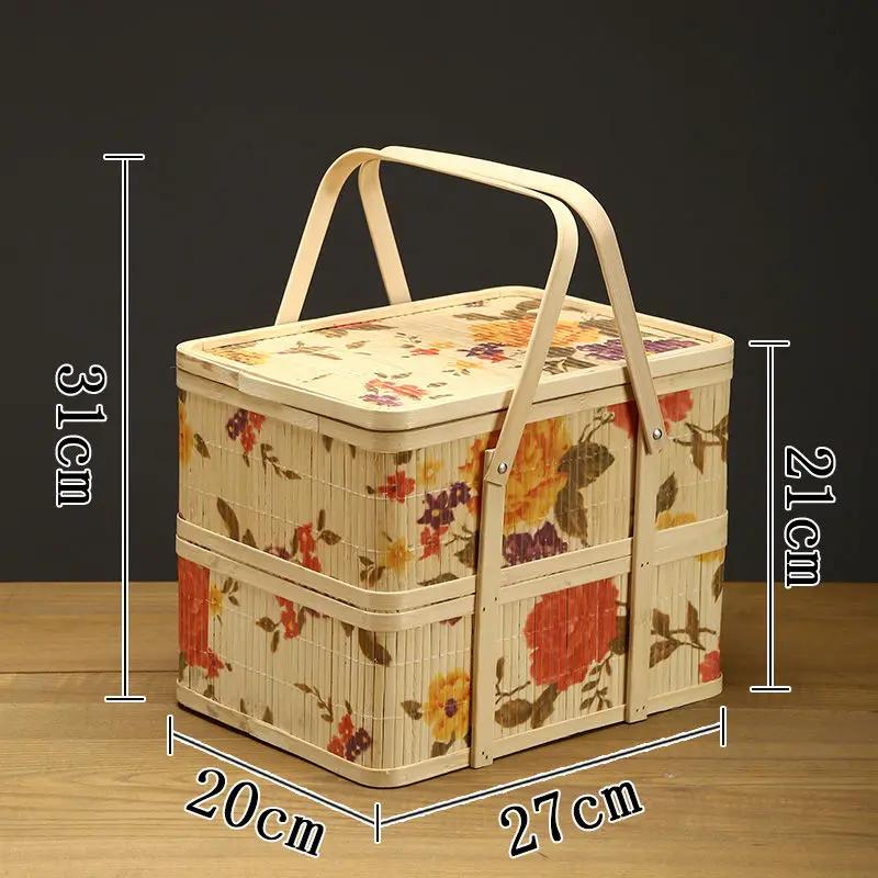 Kitchen Basket for Rice Dumplings and Mooncakes, Souvenir Packaging, Round Peony Flower, Portable Bamboo Basket, Bamboo