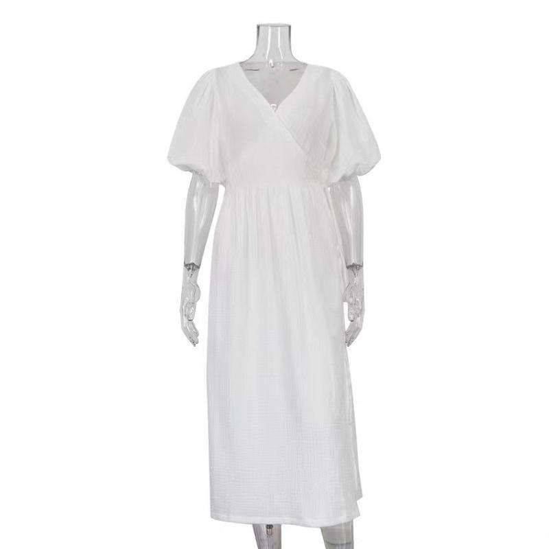 

New Summer French style V-neck Lace-up Solid Puff sleeve Waist Hugging Dress V-Neck Lace up Dress White L