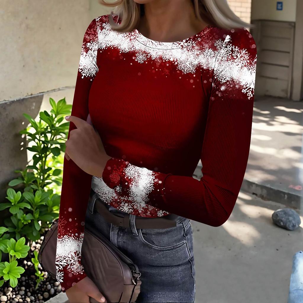 Women's  Slim Bottom T-shirt Fashion Casual Gradient Printing Round Neck Pullover Long Sleeve Top