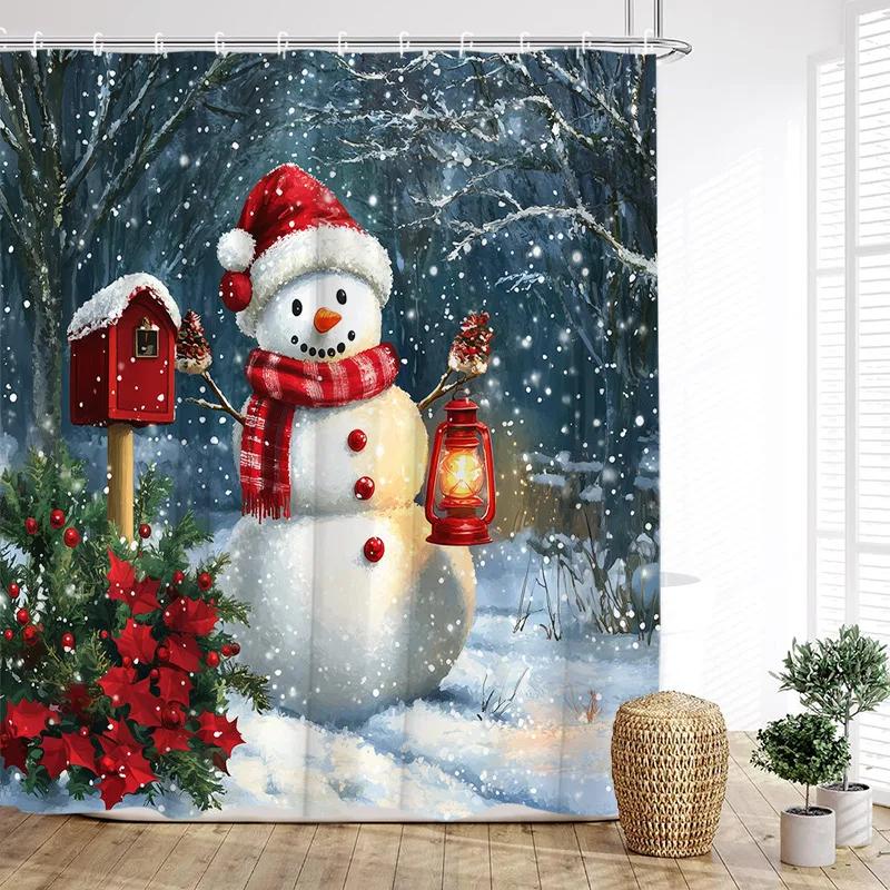 Cute Snowman Shower Curtain Winter Forest Pine Tree Snowflake New Year Christmas Bath Curtains Fabric Bathroom Decor With Hook