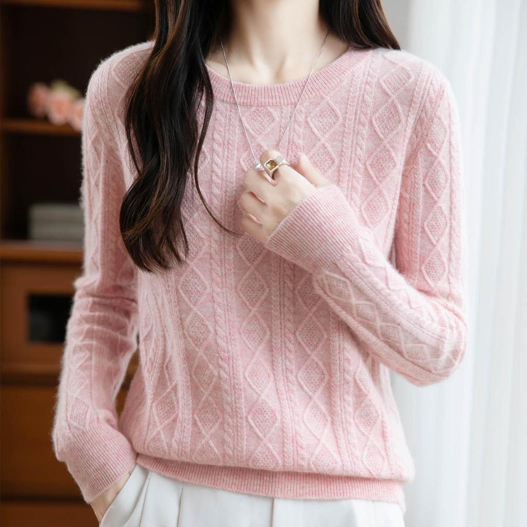 2025 Women's Retro Loose Diamond Pattern Australian Wool Sweater - 100% Wool, Round Neck, Thickened, for Autumn/Winter