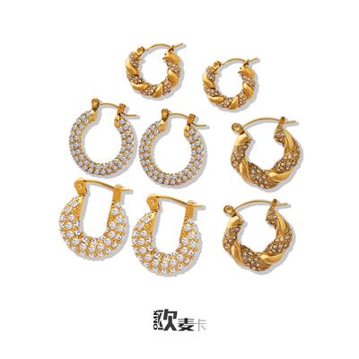 Wind Design Sense Light Luxury Twist Earring Retro Gold Zircon Stud Earrings U-Shaped Fashionable And Environmentally Friendly Titanium Steel Earrings