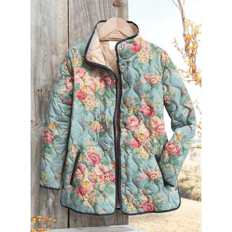 Women's Tropical Leaf Print Quilted Jacket Stand Collar Button Down Contrast Trim Casual Coat