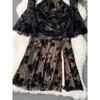 Fancy Adult Lady Like Woman Wear Sexy See-through Mesh Flared Sleeves Retro Print Silm Split Fishtail Skirt Dress
