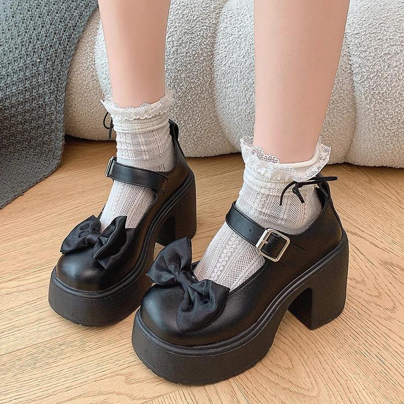 Fashion 2025New Chunky Heel Shoes Spring Round Head Shallow Mouth Bow One Word Buckle Waterproof Platform Anti-slip Wear  Jane Shoes