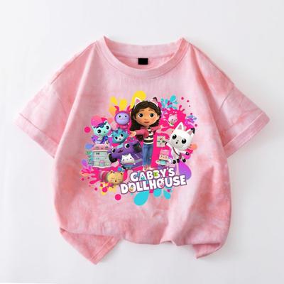 Gabby Dollhouse Dyeing T-shirt Girls Cartoon Printed Clothes Fashion Comfortable Clothing Tops Kids Summer Tee Shirts Child Gift