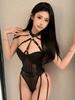 Sexy Bodysuits Mesh Strap Patchwork Halter Neck Leg Ring Hanging Neck Off-The-Shoulder For Women Backless Deep V Sleeveless 8Hqc