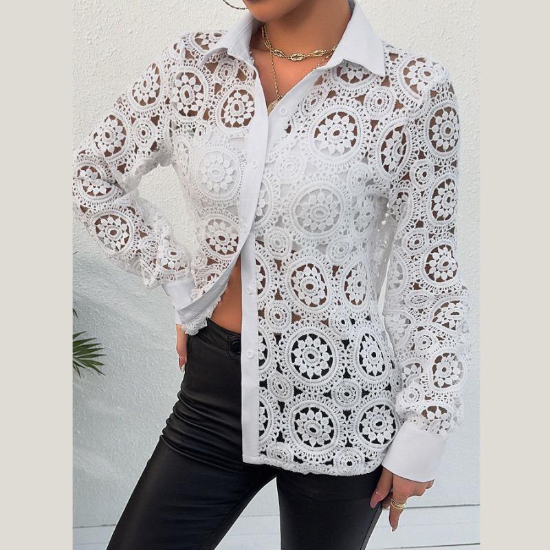 Spring Women's Long Sleeve Lace V-Neck Shirt Blouse