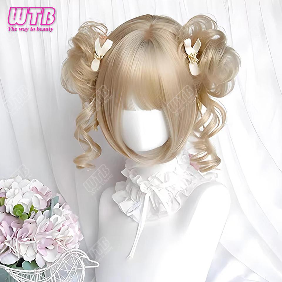 Synthetic Cosplay Wig Female Short Curly Hair Lolita Ponytail Bangs Wig Halloween Styling Wig