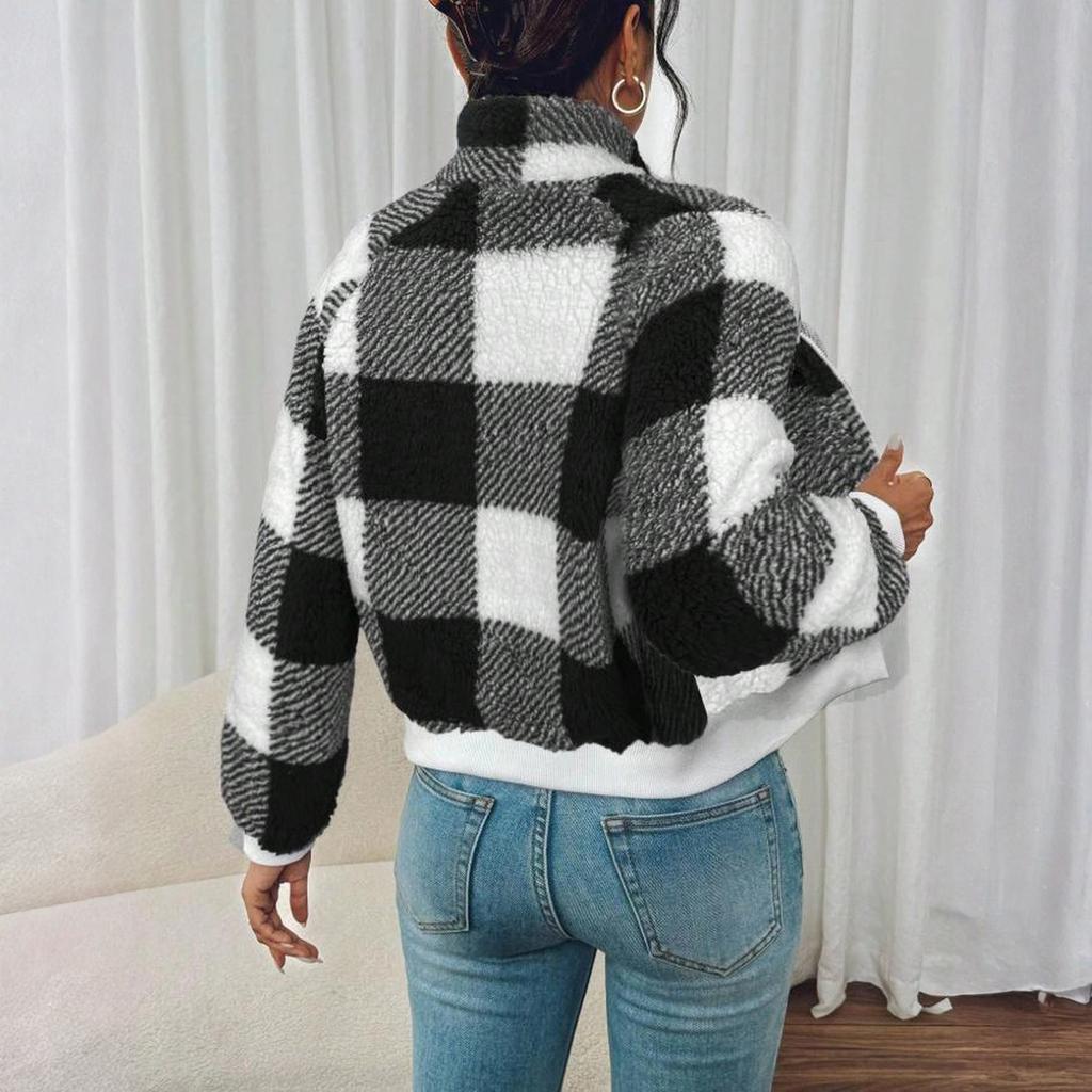 Dámská Módní Plyšová Teplá Volná Ležérní Krátká Bunda s Dlouhým Rukávem a Zipem Kostkovaná