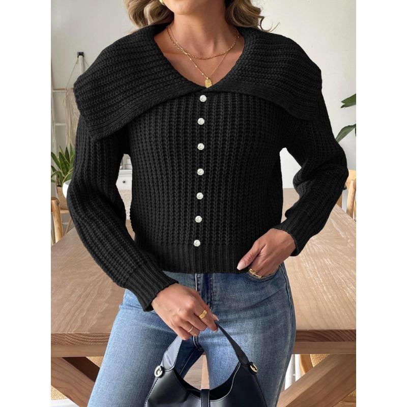 Damen Herbst/Winter Kurzer Pullover mit Perlenrevers