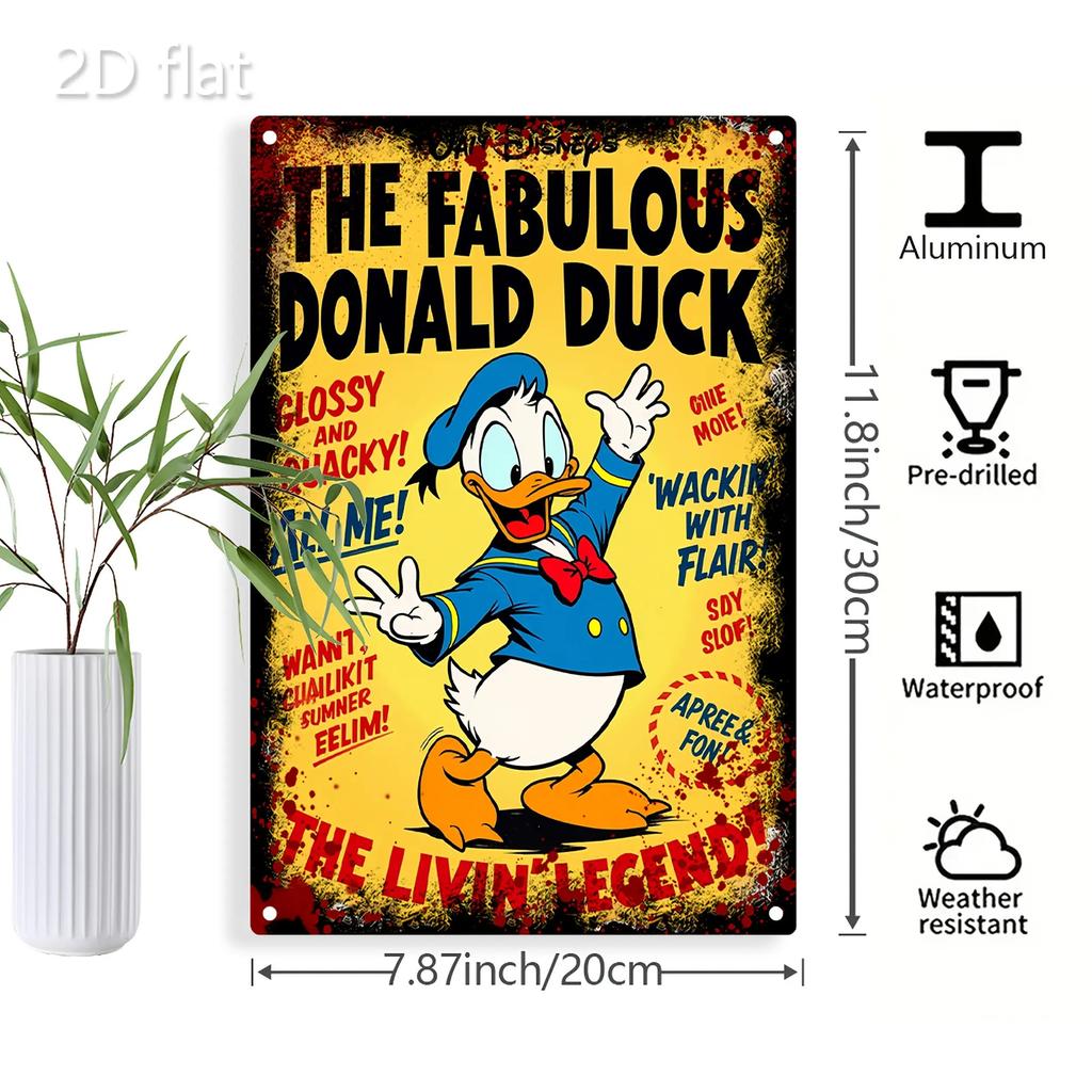 2D Flat, Disney Vintage Metal Wall Decor - Donald Duck Retro Decoration with Fabulous Title - Heavy-Duty Tinplate Sign for Home,
