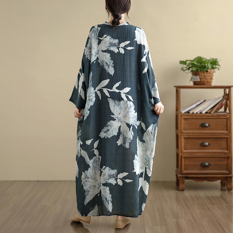 DIMANAF 2025 Women Plus Size Spring Long Dress Loose V-Neck Printing Vintage Casual Floral Oversize Long Sleeve 5060