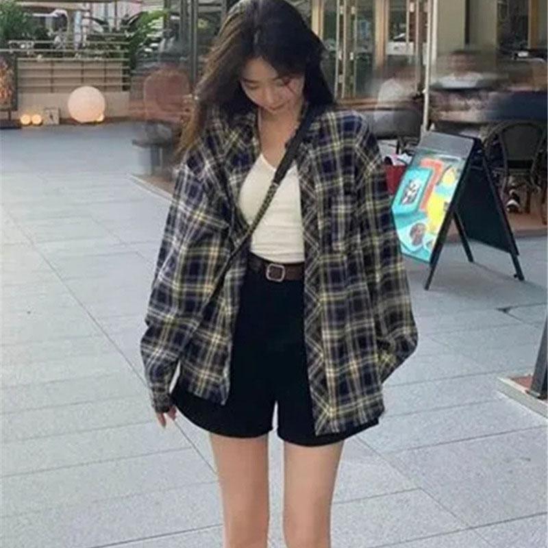 Vintage Rutig Dam Skjorta Chic Topp Jacka Vår Tunn Ytterkläder Blus för Damer