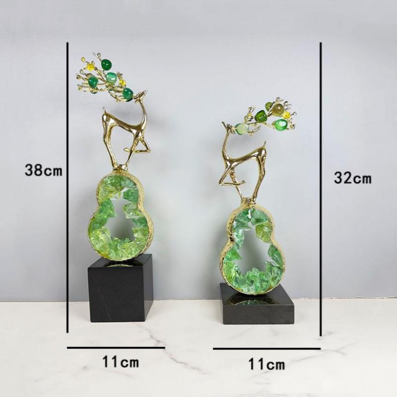 Metal Handicrafts Crystal Green Gourd Sculpture Golden Deer Metal Figurine Lucky Crystal Statue Home Decoration Accessories