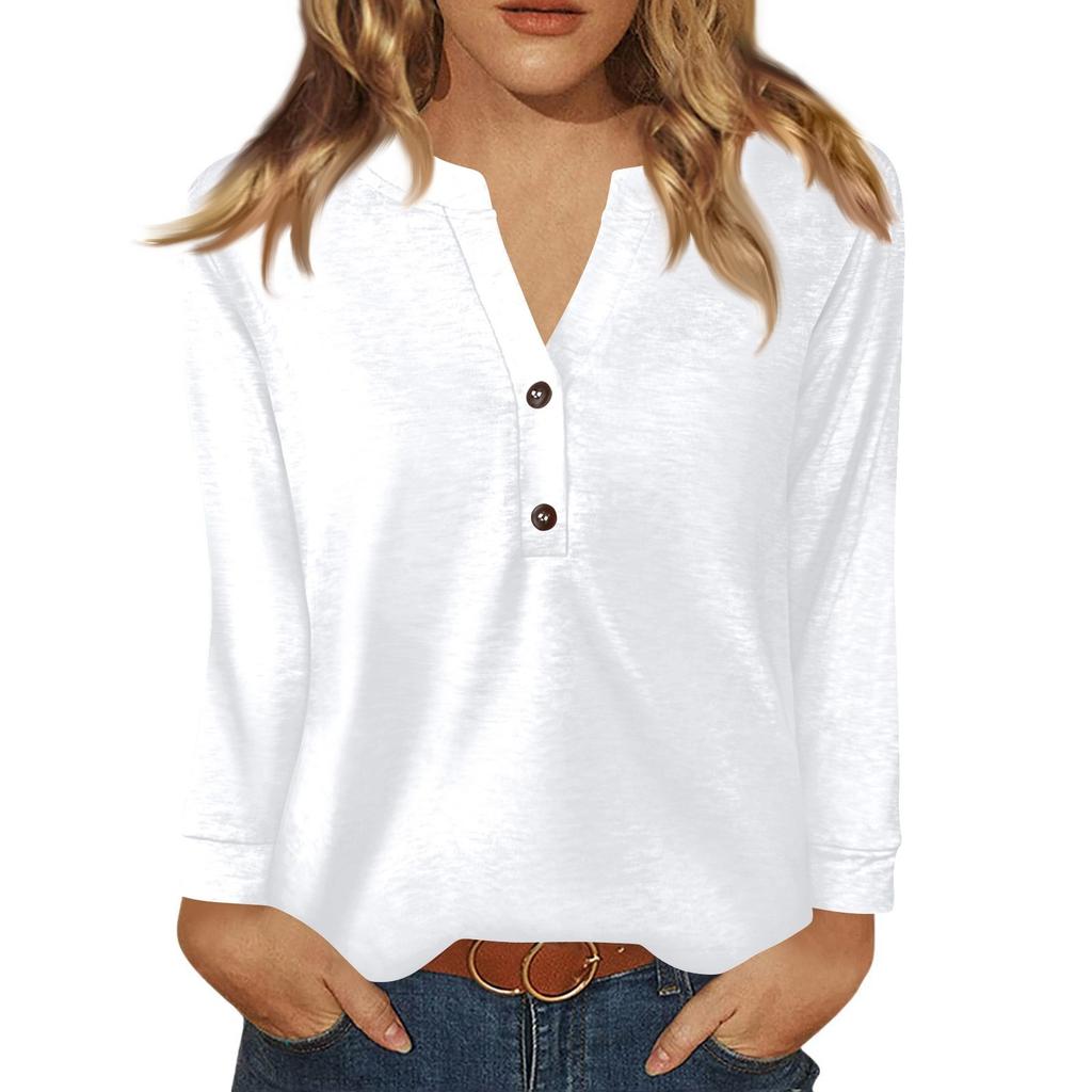 Women's T Shirt Solid Color Button Long Sleeve Daily Weekend Fashion Basic V- Neck Regular Top
