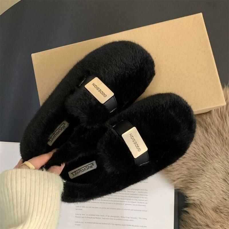 Hairy shoes for women to wear outside autumn and winter new one-pedal Mary Jane velvet cotton shoes 40 чёрный