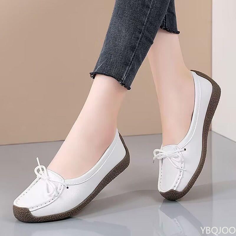 Luxury Summer Mom Shoes Cow tendon sole Women's Flats Anti slip shallow mouth soft soled shoes Solid color lace up flat 2025