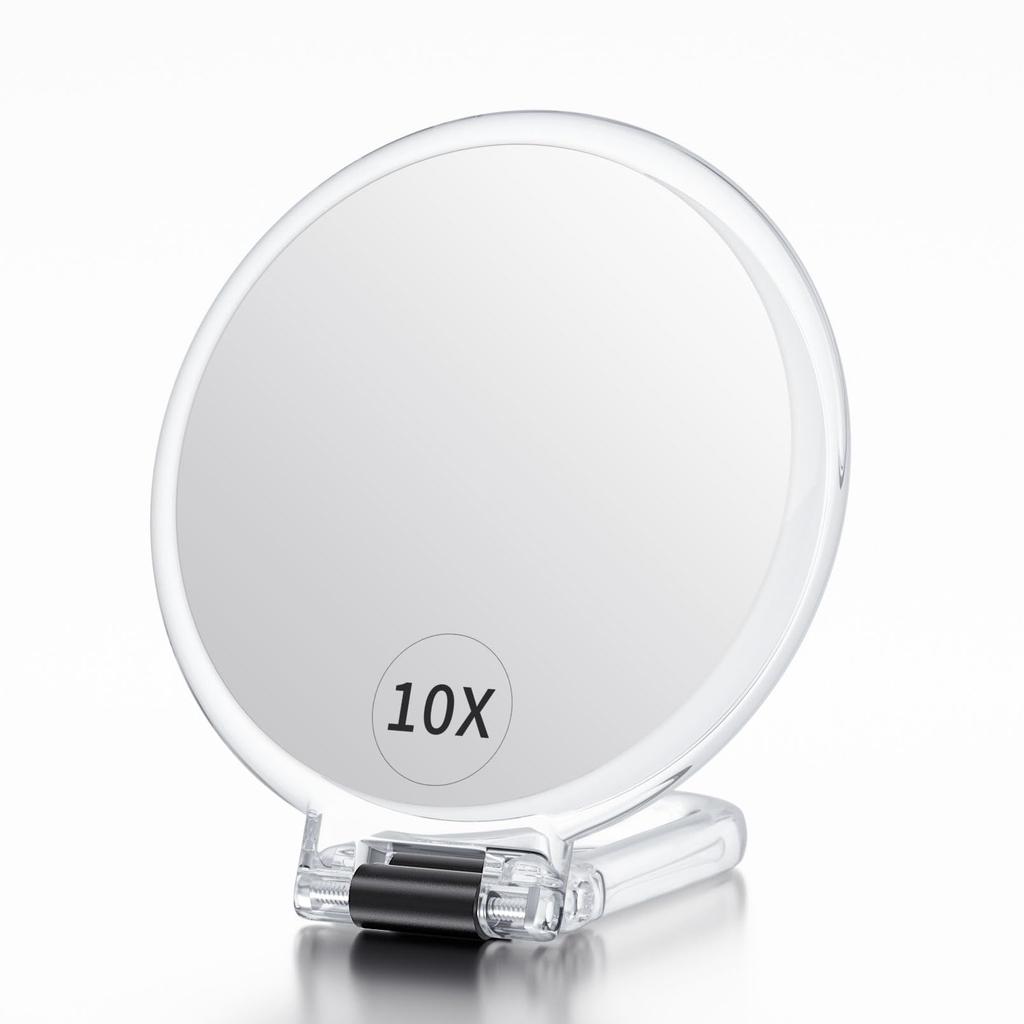 Beautifive Hand Mirror Magnifier 10x Folding Makeup Mirror with Handle Compact Mirror 10x and 1x Tabletop Mirror Compact Easy To Carry Round Clear