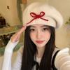 Sweet Bow Knitted Beret Female Autumn and Winter Face Small Warm Painter Hat Internet Celebrity Temperament Wool Hat