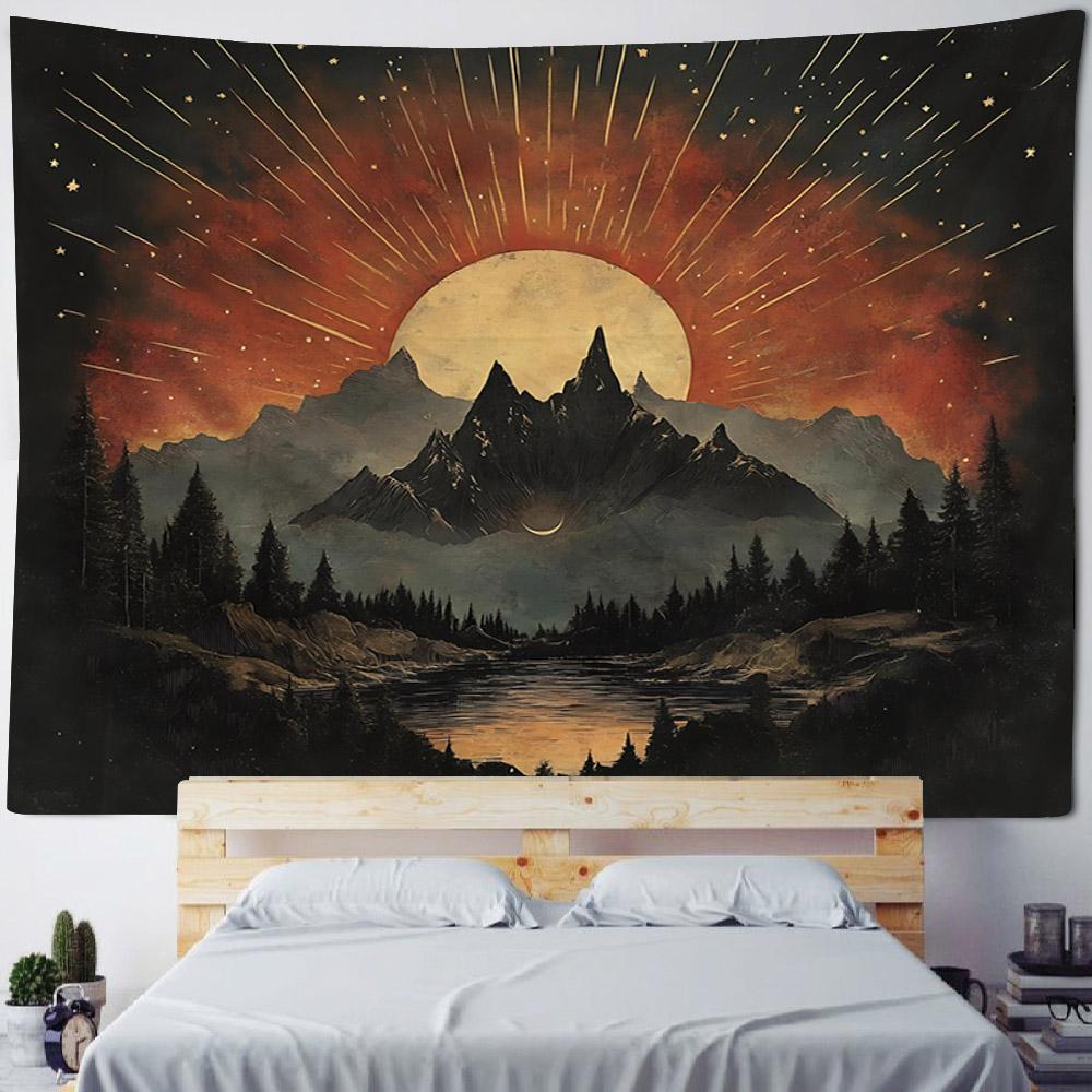 Mountain Starry Sky Tapestry Hippie Bohemian Wall Hanging Living Room Home Aesthetics Fabric Decoration Background Poster