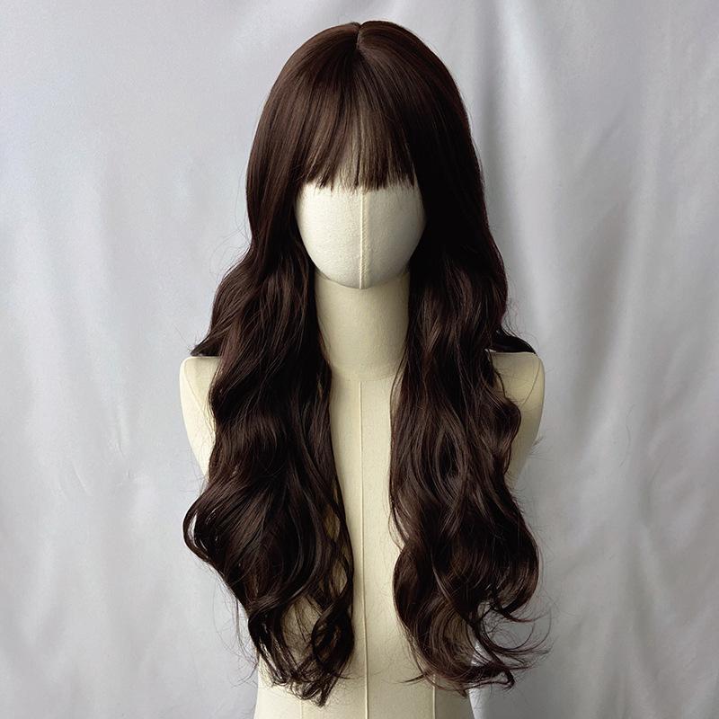 Japanese Korean Black Long Curly Hair Wig Women's Air Bangs Big Waves Synthetic Full Head Cover