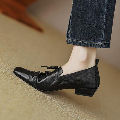 Chaussures en cuir petites à lacets rétro skinny à semelle souple pour femmes printemps et automne nouveau bout carré talon bas mocassins décontractés