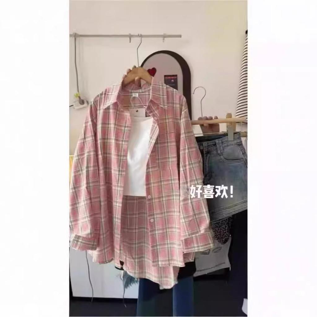 Women's Long Sleeve Plaid Shirt Polo Neck Japanese Casual Loose Fit Blouse Summer Patchwork Collision Color Sun Protection Outerwear
