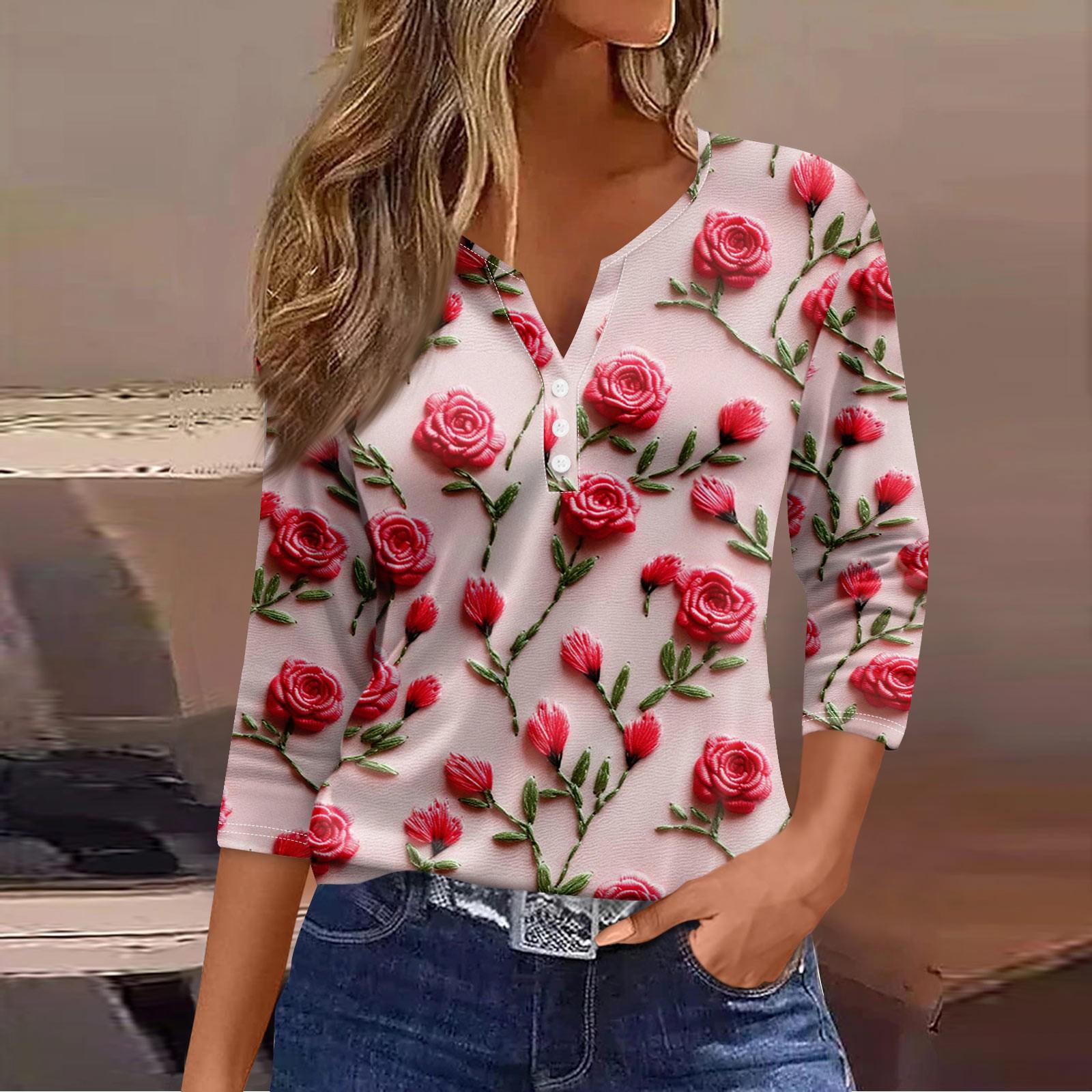 

Жен. Футболка Футболка С принтом Пуговицы Рукав 3/4 Повседневные Выходные Мода Классический Классический V-образный вырез Обычный Верх XL киноварь