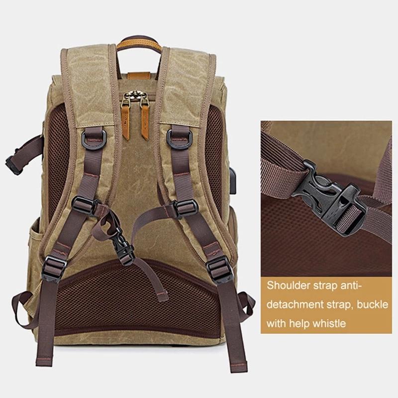 Photography Retro Waterproof Canvas Backpack USB Port 15.6inch Laptop Camera Bag Carry Case For Canon Nikon DSLR
